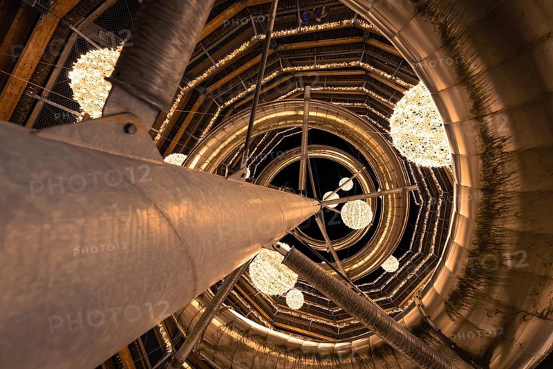 View upwards through a spiral-shaped wooden structure with light spheres, magical forest dwellers, treetop walk Bad Wildbad, Black Forest, Germany, Europe