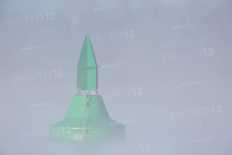 Foggy mood in the morning on the river Peene, fairway buoy in the fog, Flusslandschaft Peenetal nature park Park, Mecklenburg-Western Pomerania, Germany, Europe