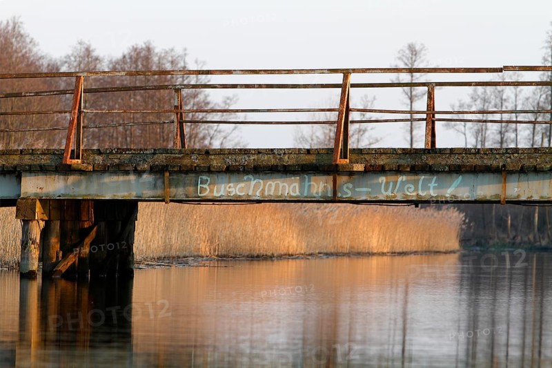Dilapidated infrastructure on the River Trebel, old dilapidated bridge over the River Trebel, Flusslandschaft Peenetal nature park Park, Mecklenburg-Western Pomerania, Germany, Europe