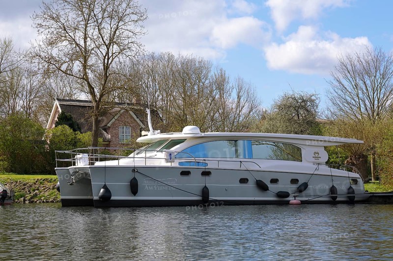 Tourist infrastructure, solar catamaran, solar-powered catamaran, 18 metre long electrically powered yacht, Flusslandschaft Peenetal nature park Park, Mecklenburg-Western Pomerania, Germany, Europe