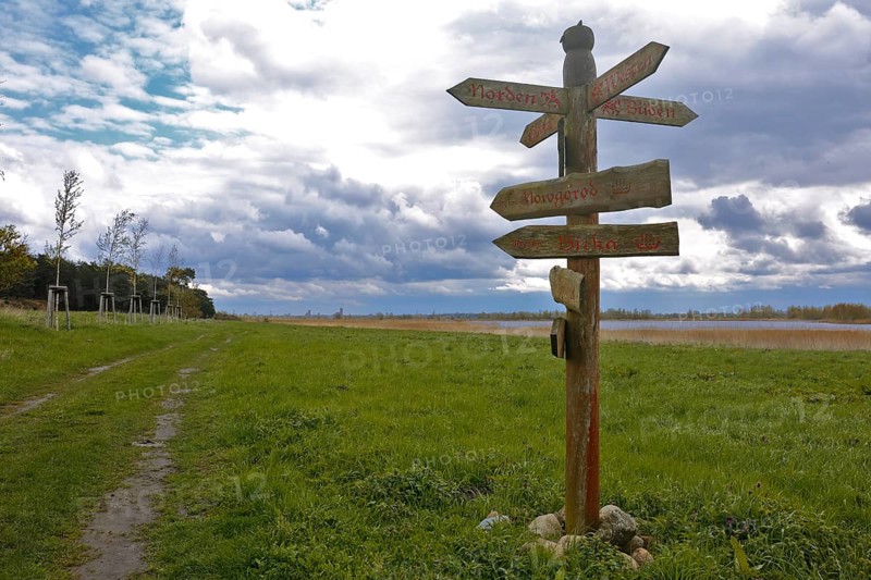 Tourist infrastructure, signpost with writing and runes in the style of the Vikings, Flusslandschaft Peenetal nature park Park, Mecklenburg-Western Pomerania, Germany, Europe