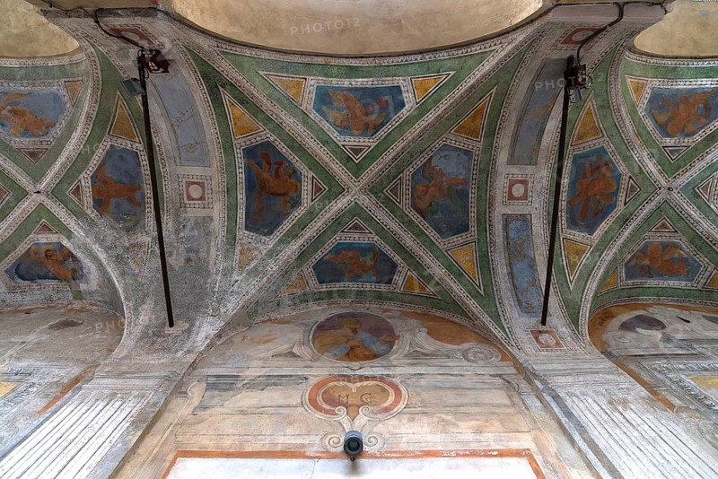 Fresco painting in the vaulted ceiling in the entrance portal of the church of San Pietro ion Banchi, consecrated in 1585, Piazza Banchi Genoa, Italy, Europe