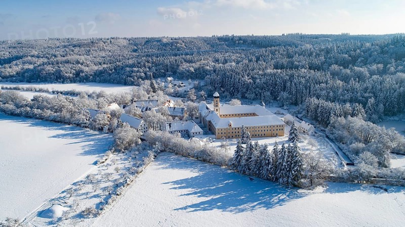 Aerial view of the Cistercian Abbey of Oberschönenfeld near Augsburg in the Western Forests nature park Park, Swabia, Bavaria, Germany, Europe