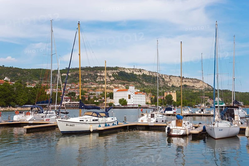 Sailing boats in the marina with clear sky and hills in the background, Balchik, Balchik, Bal?ik, Dobrich, Black Sea, Bulgaria, Europe