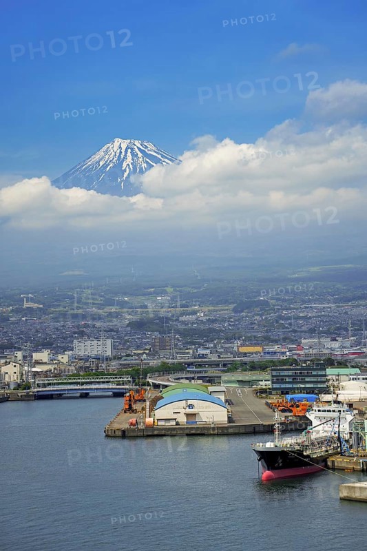 View over the city Fuji and Tagonoura Port with Mount Fuji in the background in spring, Shizuoka Prefecture, Japan, Asia