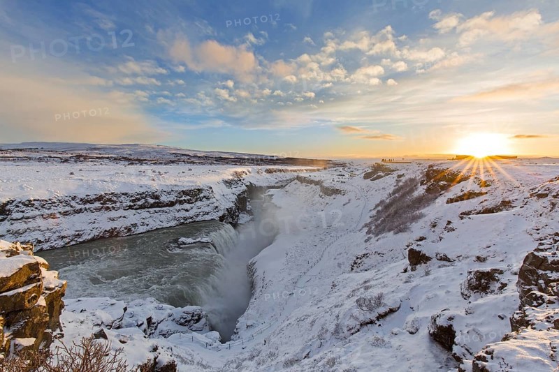 Gullfoss waterfall in the snow in winter located in the canyon of Hvítá river, Haukadalur, southwest Iceland