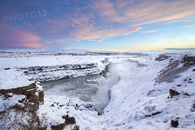 Gullfoss waterfall in the snow in winter located in the canyon of Hvítá river, Haukadalur, southwest Iceland