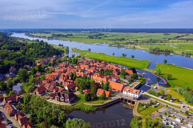Aerial view over the old town Hitzacker along the Elbe River in summer in the Lüchow-Dannenberg district of Lower Saxony, Niedersachsen, Germany, Europe
