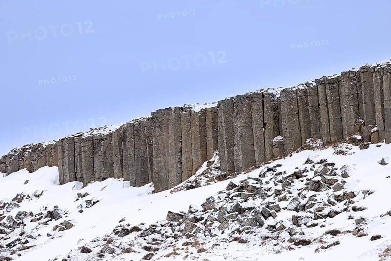 Gerðuberg, Gerduberg basalt columns in winter, cliff of dolerite in the Hnappadalur valley located on the western peninsula Snæfellsnes, Iceland, Europe