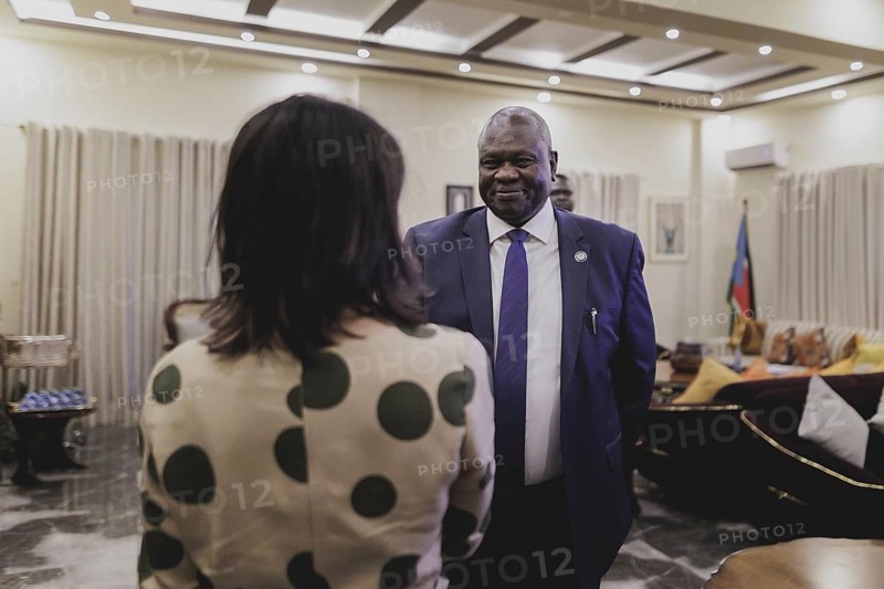 (L-R) Annalena Bärbock (Alliance 90/The Greens), Federal Foreign Minister, and Riek Machar, Vice President of South Sudan, photographed in Juba, 26 January 2024. Bärbock is visiting Kenya and South Sudan as part of her trip to East Africa / Photographed on behalf of the Federal Foreign Office