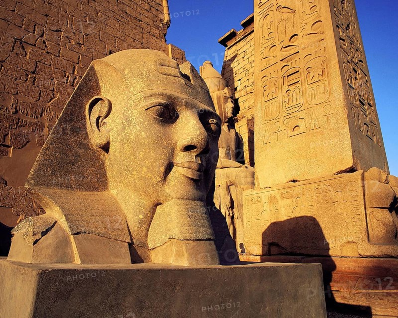 Carved head of King Rameses II in early morning sunlight with inscribed column and other carvings behind at Luxor Temple, Luxor, Egypt, Africa