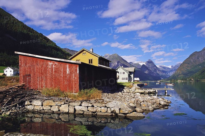 Waterfront building in the scattered town of Fjaerland in the Sogn district of Fjordland, Norway, Europe