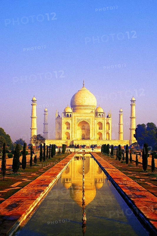 Classic early-morning view of the Taj Mahal reflecting in still water, Agra, India, Asia