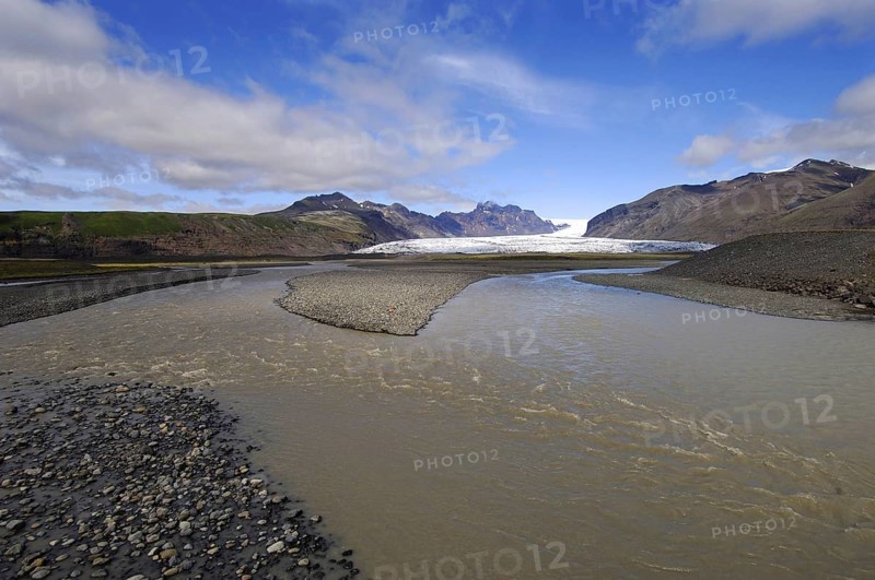 The Skaftafell glacier and Skaftafelsa river with surrounding hills including Kristinartindar, left, Skaftafell National Park area, south-east Iceland
