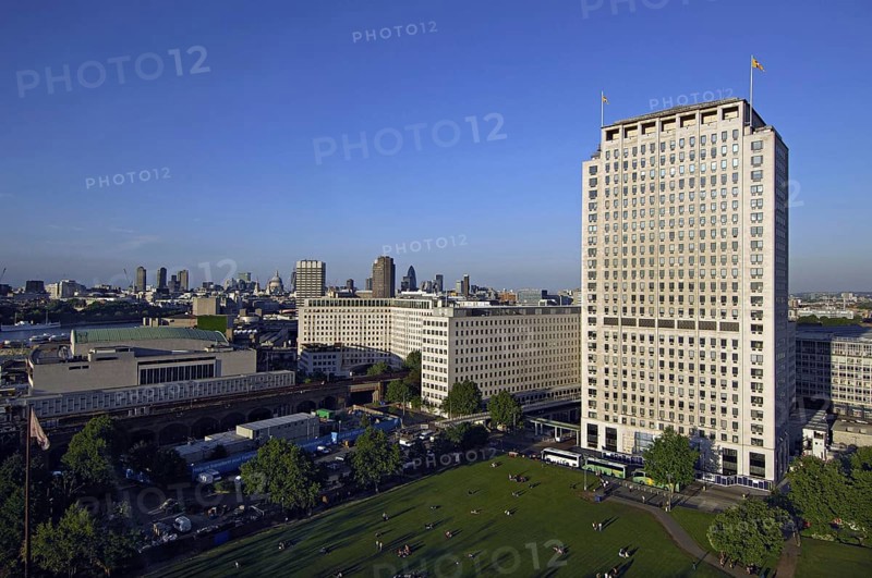 A view of the Shellmex Centre and distant high-rise offices, from one of the cabins on the London Eye, London, UK