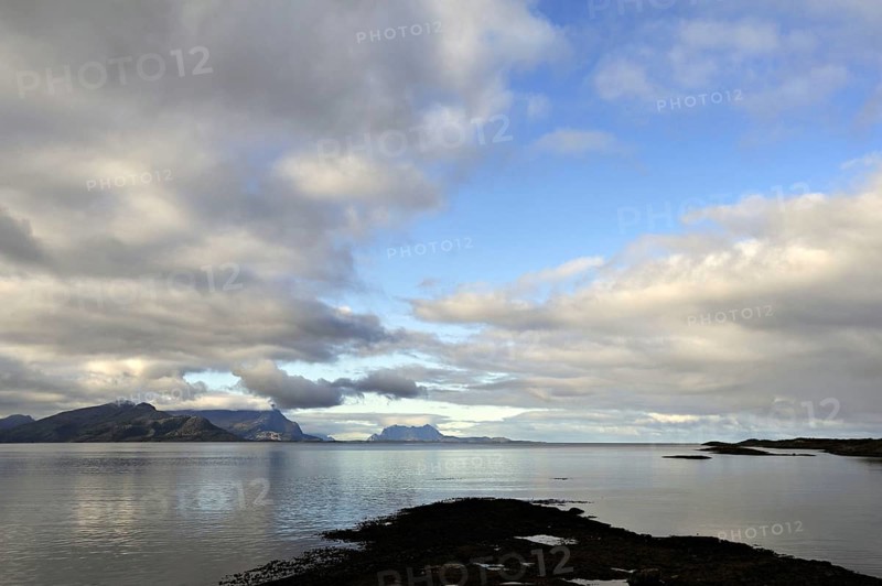 Wide view of the Fleinvaer islands and Skagen Head across Saltfjord off Bodo, north-west Norway