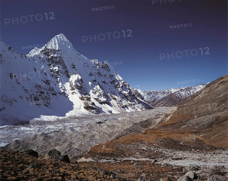 Wedge Peak and the Kangchenjunga Glacier seen across base camp at Pang Pema in east Nepal