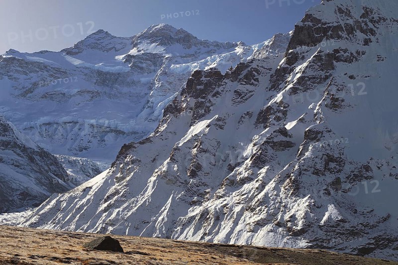 The summit of Kangchenjunga (left) seen from Pang Pema in east Nepal