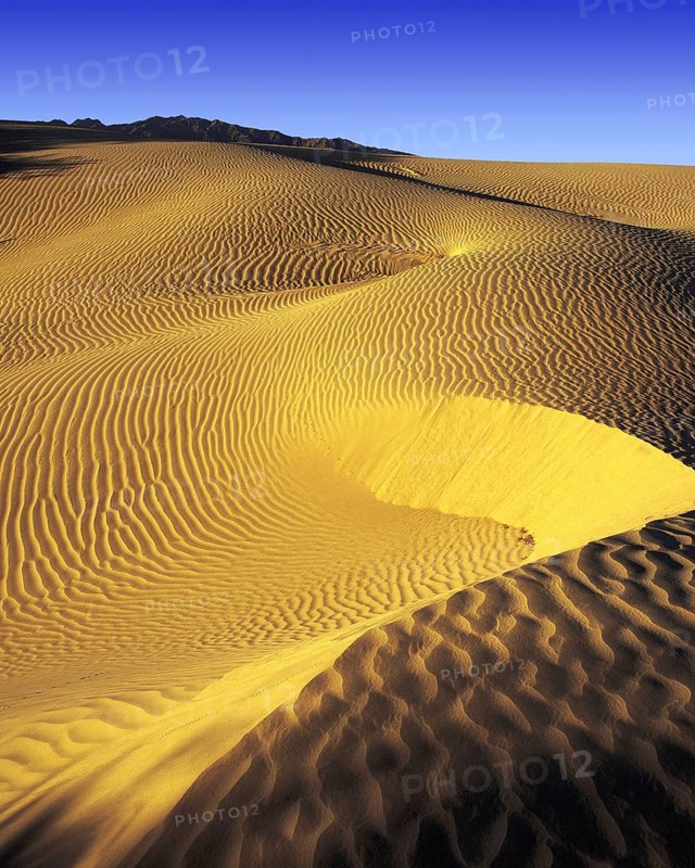 Early morning light on sand-dunes in Death Valley, distant tops of the Panamint Mountains just visible, California, USA, North America