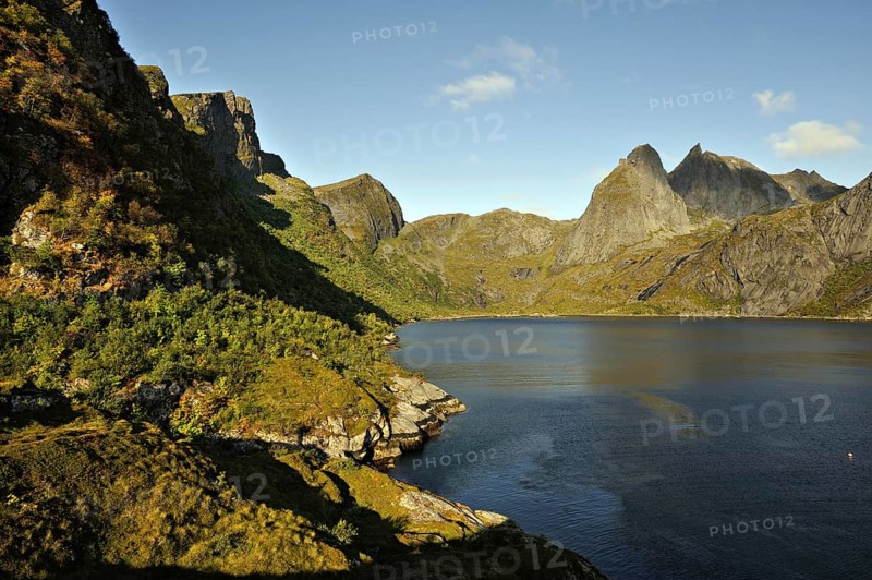 Djupfjord and surrounding mountains in the early morning, Lofoten Islands, north-west Norway