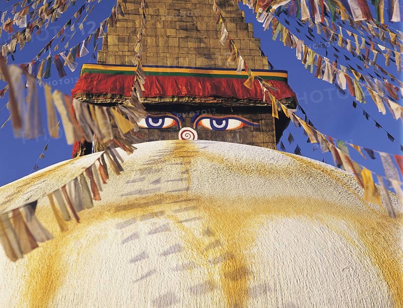 Close-up of the Great Stupa in the Tibetan quarter at Boddnath or Bauda in the Kathandu valley, Nepal, Asia