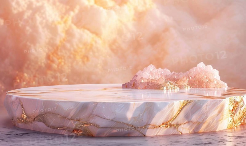 Abstract background with marble podium and rose quartz, minimal scene for product display AI generated