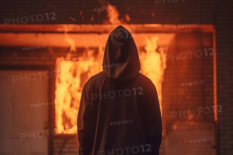 Back view of hooded figure in front of burning building. Arson concept. KI generiert, generiert AI generated