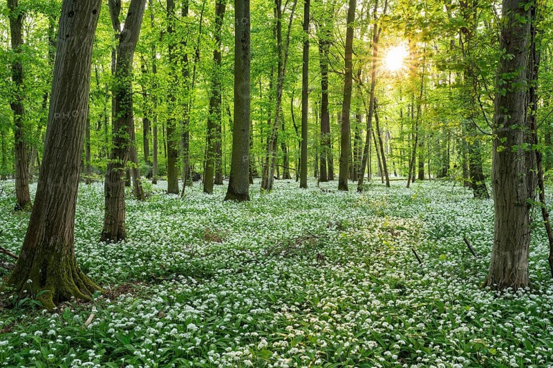 A deciduous forest with white flowering ramson (Allium ursinum) in spring in the evening sun with a sun star. Rhine-Neckar district, Baden-Wuerttemberg, Germany, Europe