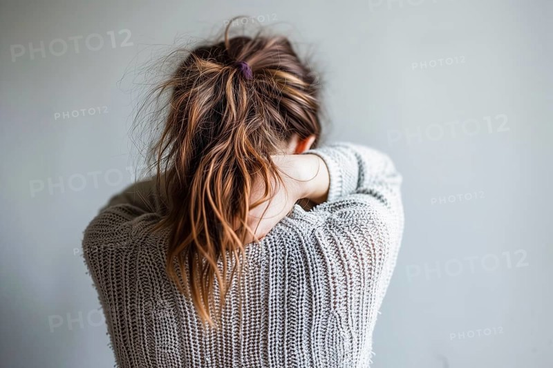 A girl from behind, visibly pensive, with a bun in her hair and holding her neck, symbolising depression and abuse, AI generated, AI generated