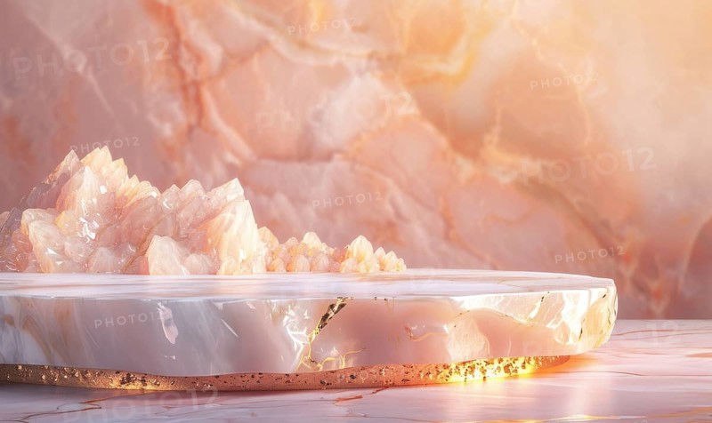 Pink marble podium with shadow of leaves and rose quartz texture background AI generated