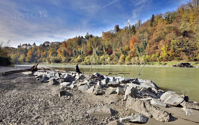 An angler sits on large stones by a river in autumn, with a castle perched on a wooded hill in the background, Salzach, Burghausen, Upper Bavaria, Bavaria, Germany, Europe