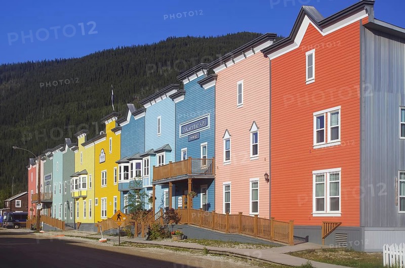 Colourful facades of a hotel, wood, Boardwalks, Dawson City, Yukon Territory, Canada, North America