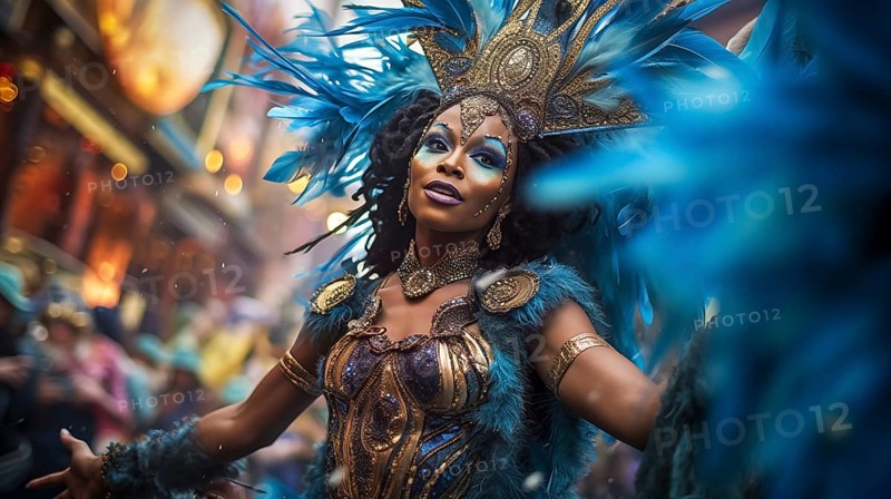 A dancer mascot adorned in a dazzling costume with feathers, immersed in the energetic atmosphere of the iconic Rio Carnival. The image captures the essence of celebration, color, and culture, AI generated