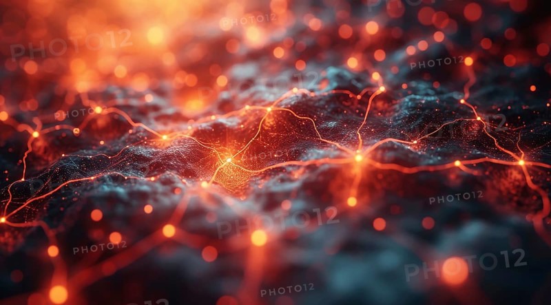 Intense orange glow over a complex neural network, creating a sense of energetic dynamics, ai generated, AI generated