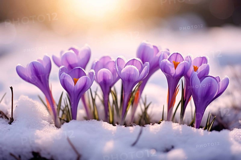 Purple Crocus spring flowers in snow. KI generiert, generiert AI generated