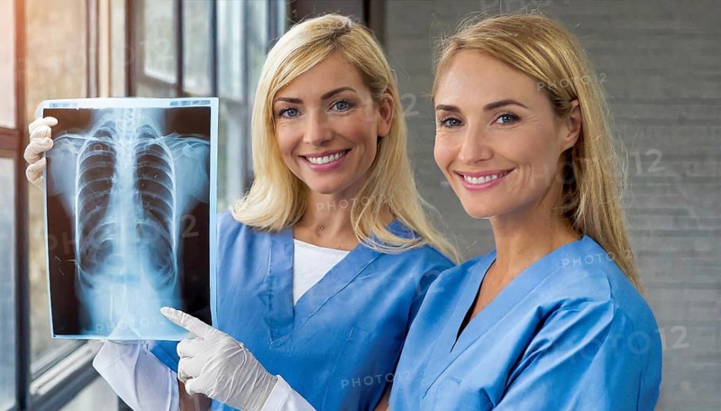 KI generated, RF, woman, woman, two, female, doctor, doctor team, team, 30+, years, attractive, attractive, doctor's office, look at an x-ray, x-ray, examination, check-up, health, blond, blonde, blonde, beautiful teeth, long hair, two people, two woman