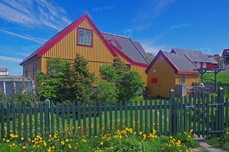Old town of Nuuk, house with trees and flowering meadow, Greenland, Denmark, North America