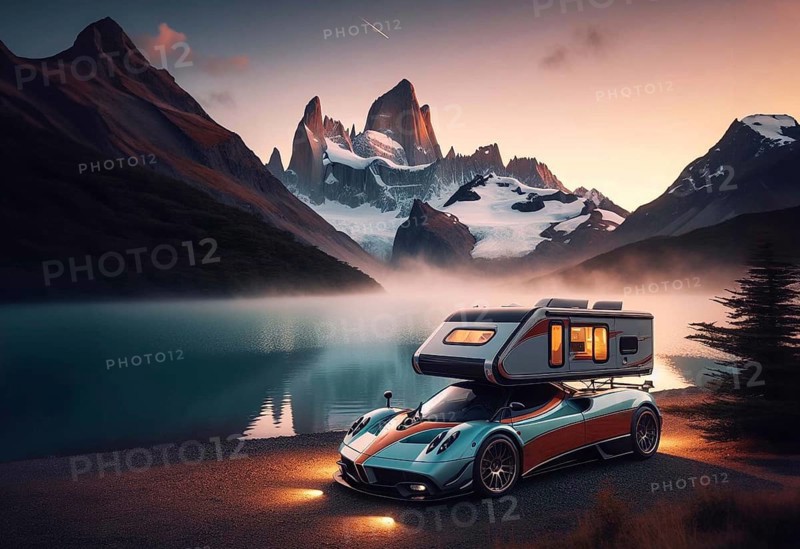 A luxury italian sports supercar with a camper attachment custom conversion, parked by a lake with mountains at twilight, hazy relaxing scene, ai generated, AI generated