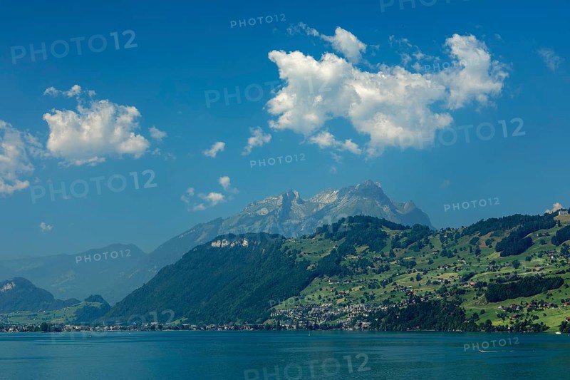 View over Lake Lucerne to Weggis, Canton of Lucerne, Switzerland, Lake Lucerne, Lucerne, Switzerland, Europe