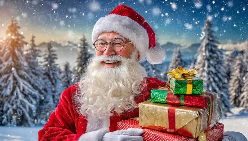 AI generated, man, 70+, Father Christmas, red coat, backpack, full beard, winter, snow, ice, fir trees, snowy, snowflakes, winter landscape, Christmas hat, costume, clothes, colourful, colourful presents, packages, nice teeth, smiles, friendly, Christmas, evening, night shot, winter forest