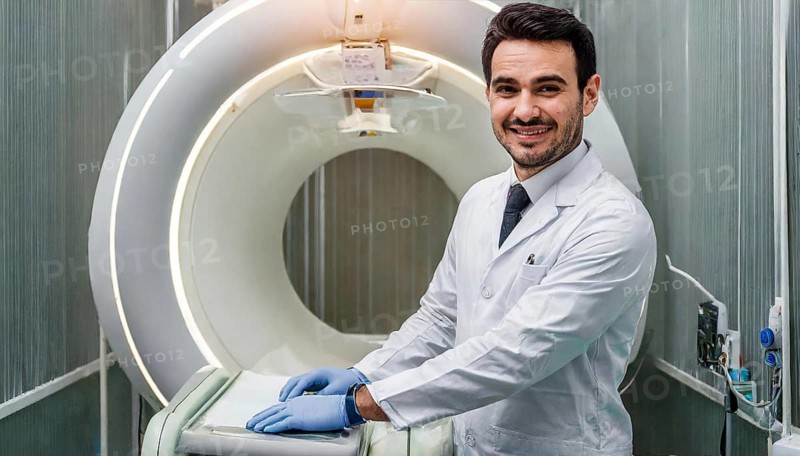 AI generated, RF, man, men, doctor, doctors, 30, 35, years, attractive, attractive, doctor's office, CT, scan, computer tomography, computer tomography, preventive care, health, smiles, beautiful teeth, bearded, generates a three-dimensional X-ray image, modern X-ray machine, X-rays, AI generated