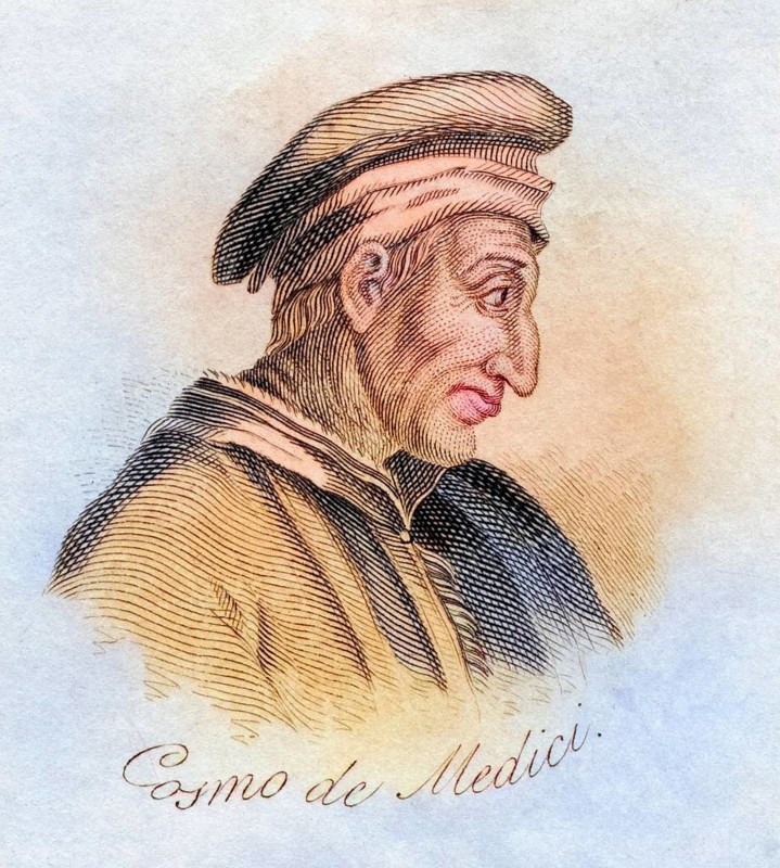 Cosimo de Medici surname Cosimo the Elder Italian Cosimo Il Vecchio Latin surname Pater Patriae Father of his country 1389-1464 Founder of one of the main lines of the Medici family that ruled Florence from 1434 to 1537 from the book Crabbs Historical Dictionary from 1825, Historical, digitally restored reproduction from a 19th century original, Record date not stated