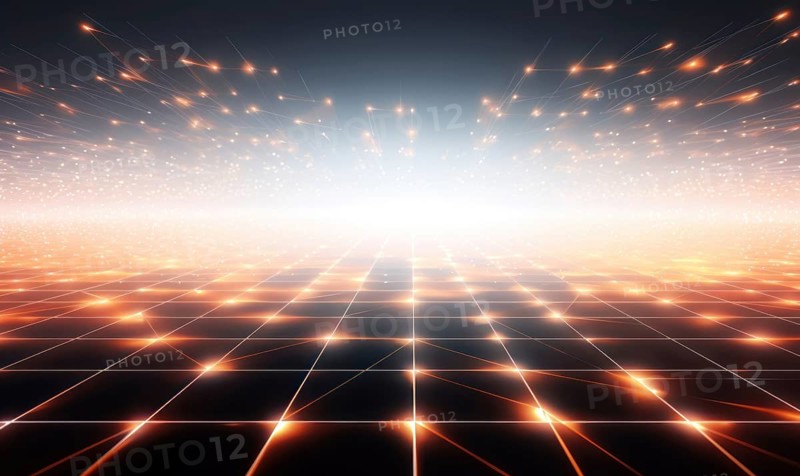 Bright abstract energy scene with orange light streaks on a futuristic digital grid AI generated