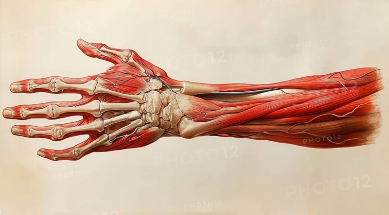 Detailed medical illustration of a dissected hand showing muscles and skeletal structure, AI generated