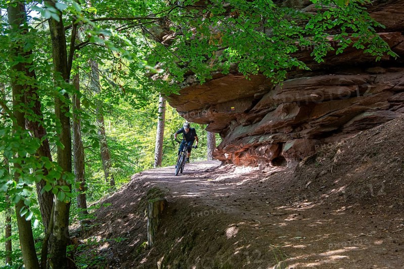Mountain bikers on tour in the Dahner Felsenland . The many red sandstone rock formations characterise this region