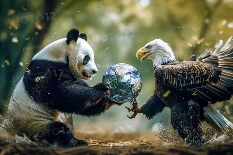 A panda and a bald eagle fight over a globe, symbolising the cultural, ideological and economic dominance in the world between China and the USA, AI generated, AI generated