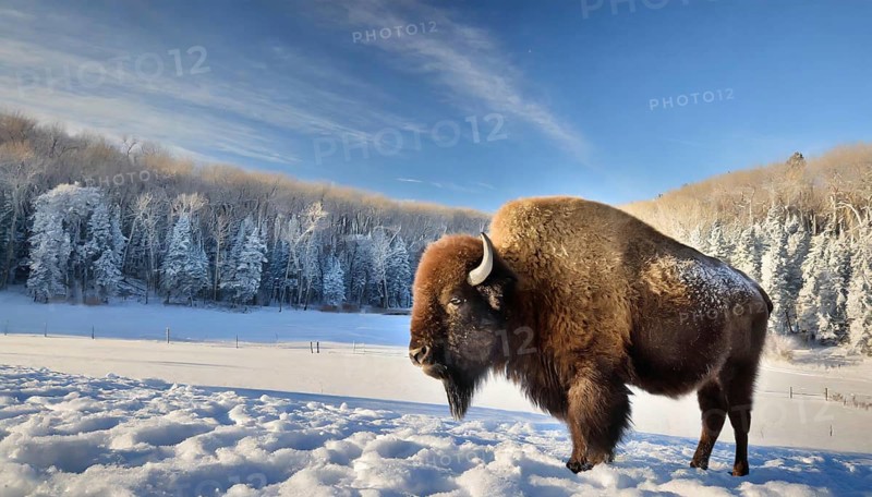 AI generated, animal, animals, mammal, mammals, biotope, habitat, one, individual animal, foraging, wildlife, bison, North America, buffalo, wild cattle, (Bison bonasus), winter, ice, snow, winter landscape