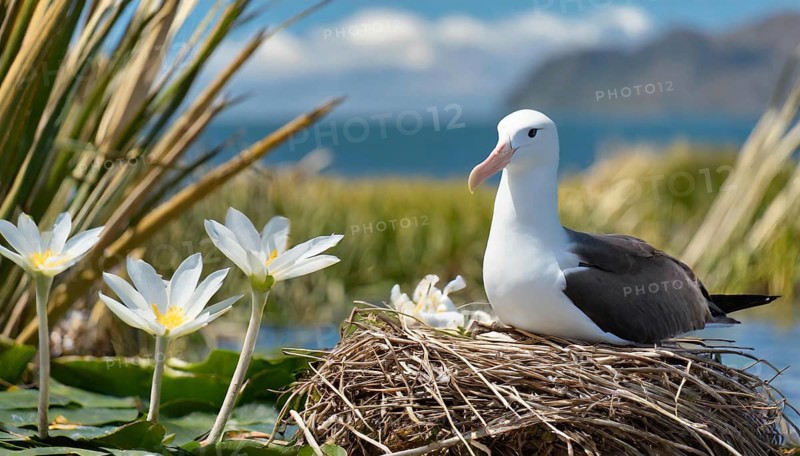 Ai generated, animal, animals, bird, birds, biotope, habitat, a, individual, swims, waters, reeds, water lilies, blue sky, foraging, wildlife, summer, seasons, albatross, (Diomedea exulans), wandering albatross, southern hemisphere, oceans, South Georgia, Falkland, tube-nosed, breeds, ground, nest