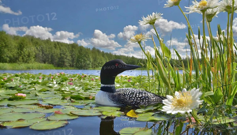 Ai generated, animal, animals, bird, birds, biotope, habitat, a, individual, swims, waters, breeds, nest, reeds, water lilies, blue sky, foraging, wildlife, summer, seasons, loon, (Gavia immer), tundra, Greenland, Iceland, Canada, loon, winters on the coasts of Europe, North America