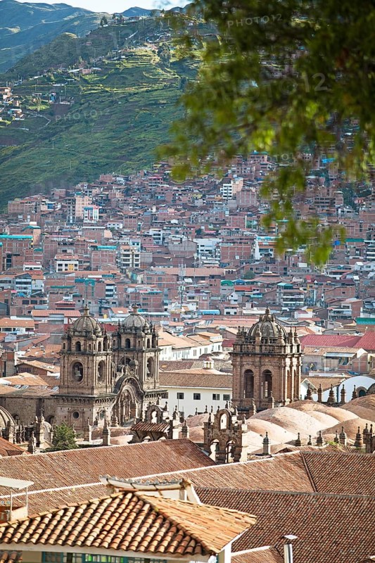 City view Cusco, in front the Cathedral of Cusco or the Cathedral Basilica of the Assumption of the Virgin Mary, on the left the Iglesia de la Compania de Jesus or Church of the Society of Jesus, Cusco, Province of Cusco, Peru, South America